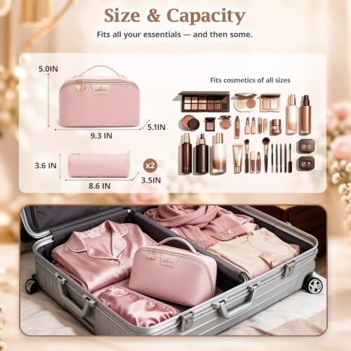 Travel Makeup Bag Organizer for Women with Detachable Pouches, Water-Resistant Leather