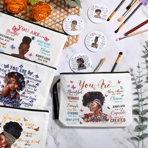 Roowest 20 Pcs Black Women Gifts Bulk Makeup Bag with Inspirational Compact Mirrors, Funny Small Travel Cosmetic Gifts for Womens Day Black Women