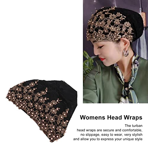 Black Turban Head Wrap for Women, Vintage Embroidered Muslim Style, Pre-Tied Lace & Fleece Hat