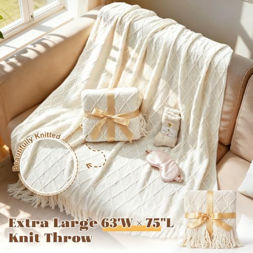 Get Well Gifts for Women - Care Package with Ivory Boho Throw & Spa Set - Beige