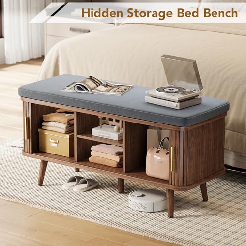 Decofy 39 Inch Shoe Storage Bench with Cushion & Sliding Doors - Walnut