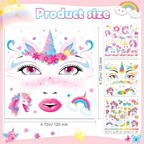 HOWAF 4 PCS Halloween Face Tattoos, Unicorn Face Sticker Temporary Tattoos Stickers for Unicorn Costume Carnival Halloween Costume Women Men