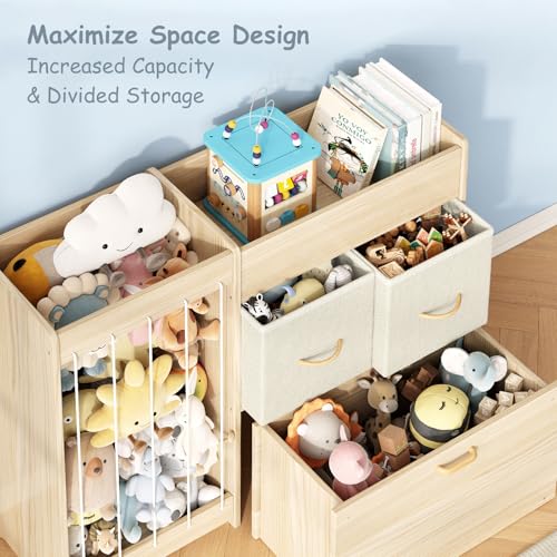 Kids Toy Storage Organizer with Stuffed Animal Shelf - Burlywood Kids Toy Shelf with 2 Drawers & Rolling Chest