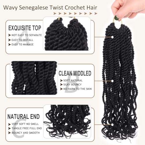 12 Inch Wavy Senegalese Twist Crochet Hair 8 Pack 1B# Synthetic Pre-Looped