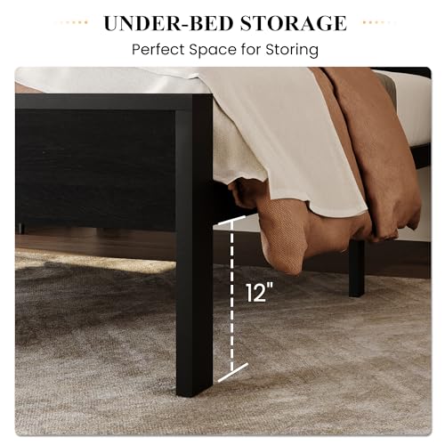 SHA CERLIN 14 Inch Twin Metal Platform Bed Frame with Wooden Headboard - Black Oak