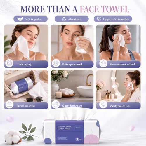 Disposable Face Towels Unscented 80 Count Pack of 4 - Thick Soft Cotton Wipes for Facial Cleansing