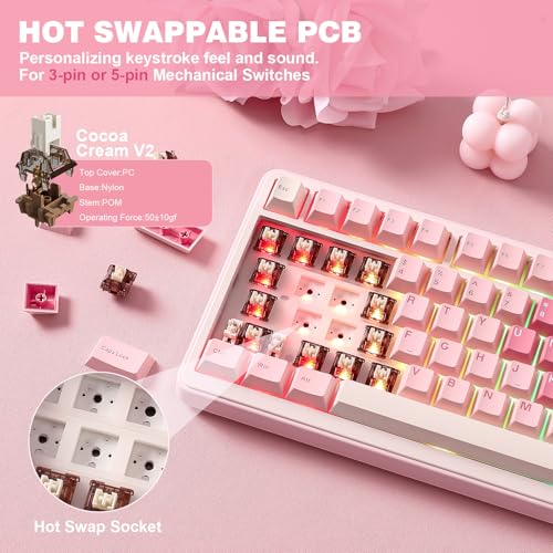 Wireless Mechanical Keyboard 75% Gasket Mount RGB with Multimedia Knob - Pink, Cocoa Cream V2 Switch
