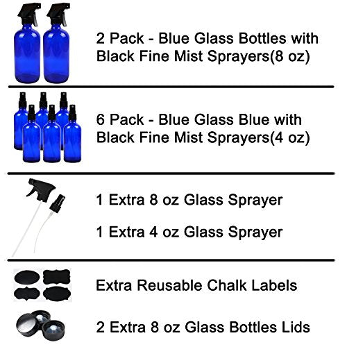 Youngever 8 Pack Empty Cobalt Blue Glass Spray Bottles, 2 Pack 8 Ounce and 6 Pack 4 Ounce Refillable Containers for Essential Oils, Durable Black Trigger Sprayer Fine Mist and Stream