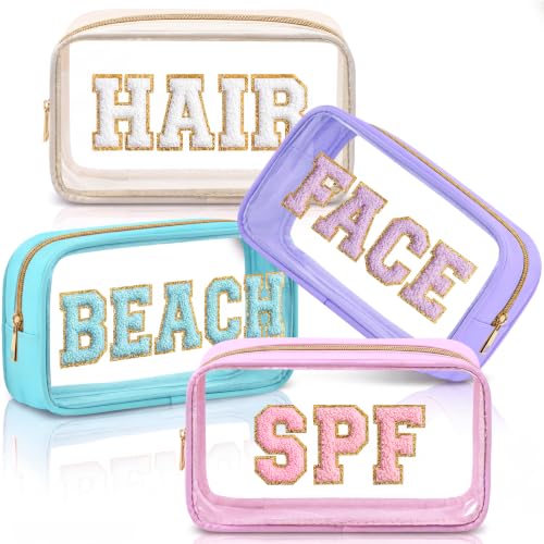 4 Pcs Beach Travel Toiletry Bags with Zipper - Clear Chenille Letter Pouch Set for Women - Purple, Pink, Blue, Apricot