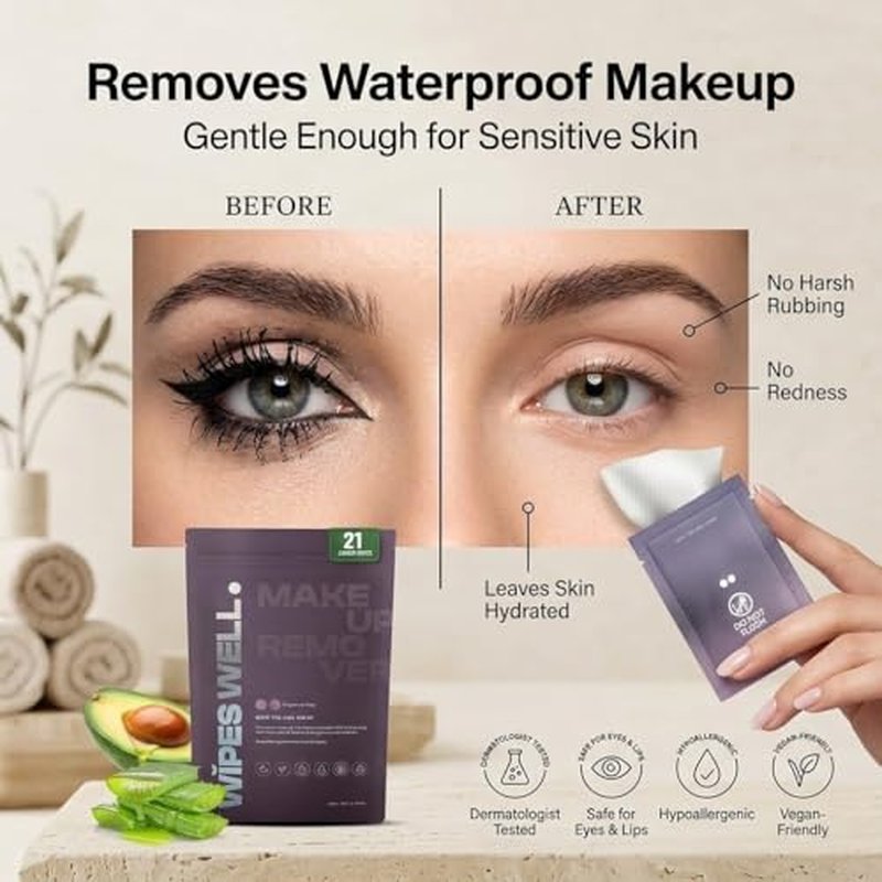 Makeup Remover Wipes - with Aloe & Avocado Oil - Make up Remover for Face, Eyes, Lips - Face Travel Essentials - Pouch of 21ct Makeup Wipes - Fragrance-Free, Individually Wrapped, Travel size