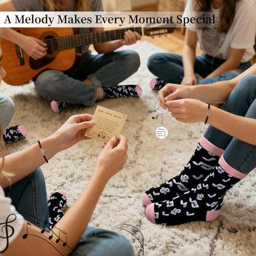 6 Pcs Music Theme Gifts for Women Canvas Tote Bag Cosmetic Pouch Crew Socks Bracelet Cards Keychains Musical Lovers Gifts Musicial Students Teachers Musicians Favors for Birthday