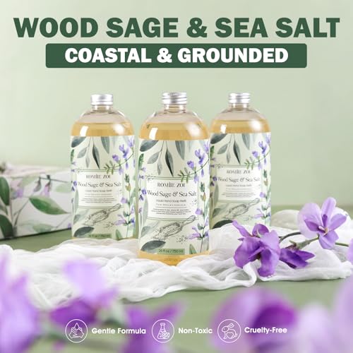 ROMIIE ZOI Hand Soap Refills Set ? Wood Sage & Sea Salt Scent ? 3-Pack 750ML Bottles ? Natural Cruetly Free Gentle Cleanse for Sensitive Skin ? Ideal Gift for Home, Bathroom, Kitchen