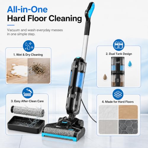 Corded Wet Dry Vacuum Mop for Hard Floors - 15KPA Suction, Self-Cleaning, Dual Tank System