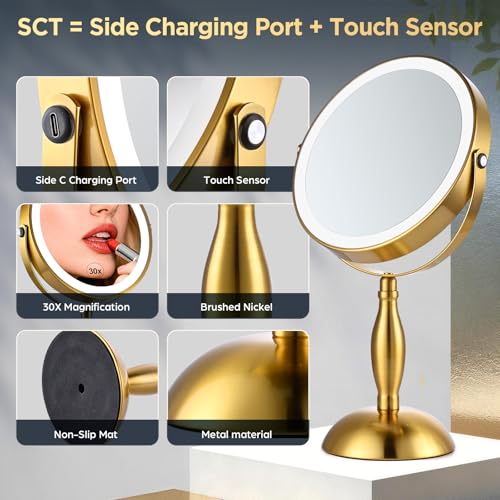 DASLAVA Gold 30X Magnifying Makeup Mirror with Lights, Rotatable & Rechargeable