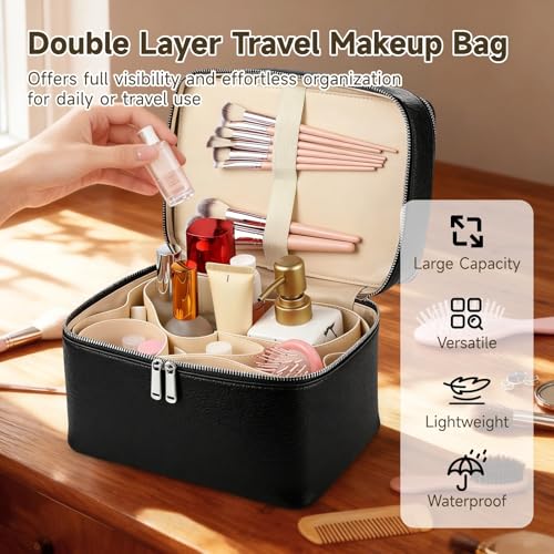 Makeup Vanity Bag for Women Large Capacity Waterproof Cosmetic Organizer with Removable Liner - StyleC Black