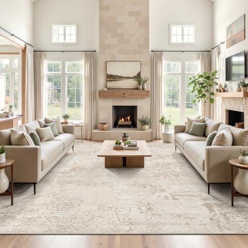 Beige 8x10 Abstract Washable Area Rug for Living Room - Machine Washable, Soft & Stain-Resistant