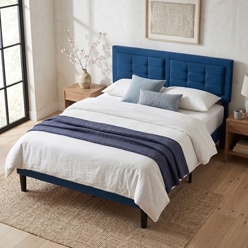 Full Size Bed Frame with Adjustable Headboard - Velvet Upholstered, Sturdy Metal Support
