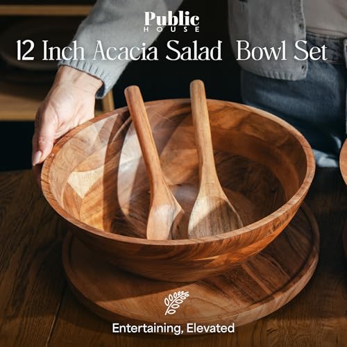 Public House Natural 12.5 Inch Wooden Salad Bowl Set with Utensils, Lid & Carry Strap