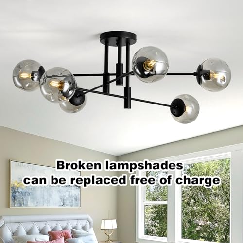 Black 6-Light Glass Globe Sputnik Ceiling Light Fixture Modern Farmhouse Chandelier