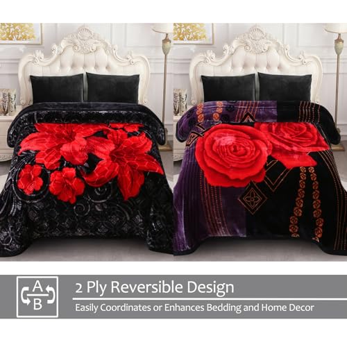 JML Korean Style Fleece Blanket King Size 87x94 with Black Flower Pattern