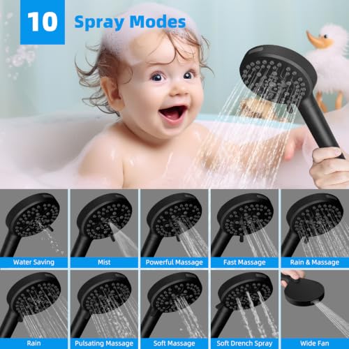Hibbent Square 13'' Matte Black Rain Shower Head with 5 Spray Settings & Handheld