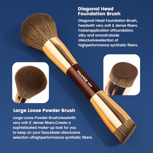 20 Pcs Makeup Brush Set - Full Collection Coffee Gold Double-Ended Kabuki & Foundation Brushes