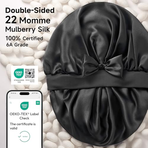 Double-Sided 22 Momme 100% Real Mulberry Silk Bonnet for Sleeping Women, Large Hair Care Bonnet for Long Curly Hair, Double Layer Silk Wrap with Soft Elastic Band, Non-Slip Sleep Cap, Jet Black