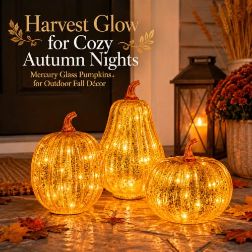 Gold Mercury Glass Pumpkin Lights - 3PCS Halloween Fall Decor with Timer
