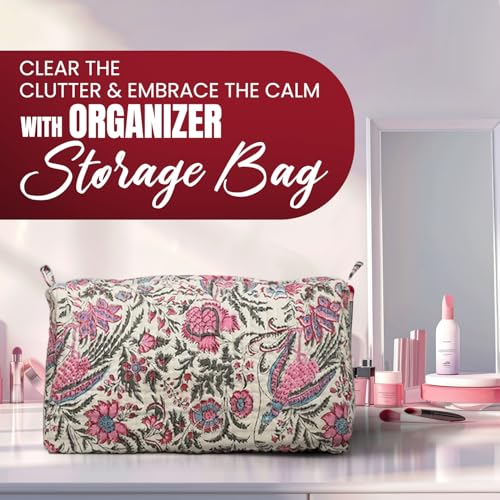 Set of 3 Cotton Floral Print Toiletry Bags for Women Travel Makeup Organizer - Off White