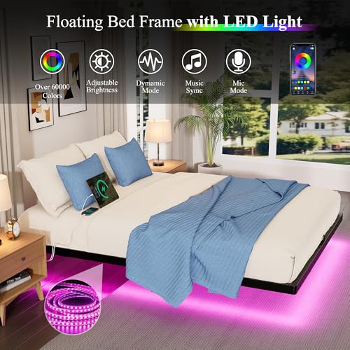 Floating Bed Frame Full Size with RGB LED Lights & Charging Station - Black