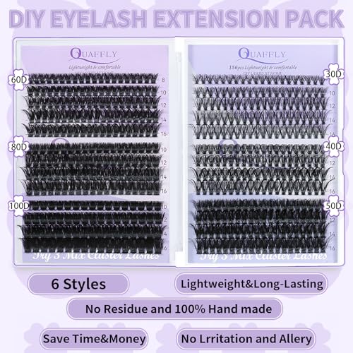 Lash Extension Kit 8-16mm D Curl 6 styles Individual Lashes Wispy False Eyelashes with Lash Bond&Seal Tweezer and Brush for Self Application at Home (6 styles lashes kit)