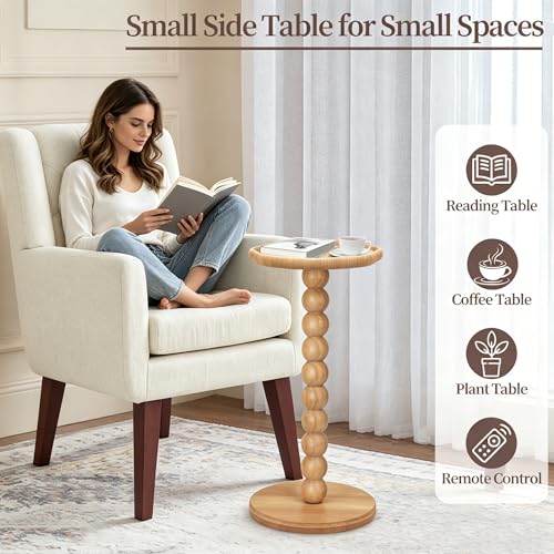 Natural Flower Boho Rattan Small Side Table - Solid Wood Nightstand for Small Spaces