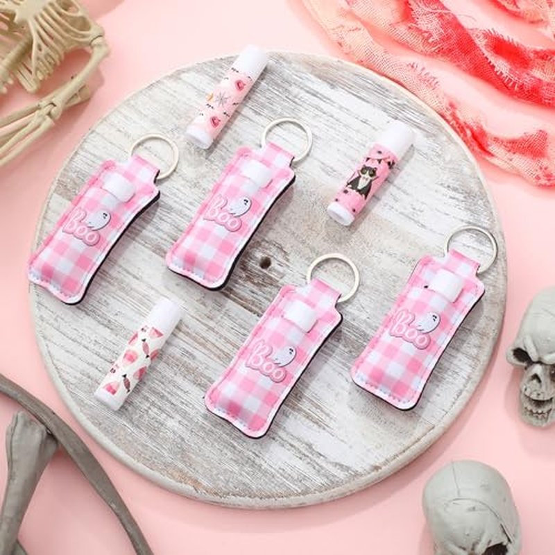 36 Pcs Halloween Lip Balms Gifts Bulk Halloween Party Favors Lip Balm Holder Keychain Spooky Ghost Skull Bat Lipstick Moisturizers for Adults Treat Bags Stuffers Party Supplies(Pink Style)