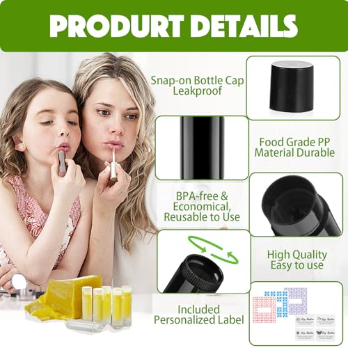 100 Pack Lip Balm Tubes with Filling Tray, Spatula & Labels - DIY Kit (Black & Clear)