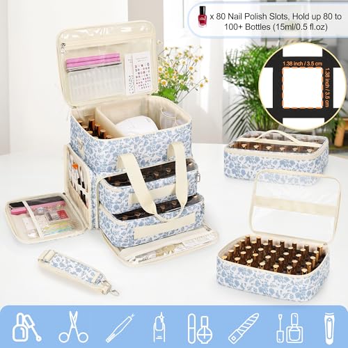 Relavel Nail Polish Organizer, Nail Bag Holds 80 to 100+ Bottles (15ml/0.5fl.oz) Nail Lamp, Nail Supplies Kit Gels Polish Storage Case with 2 Removable Pouches for Manicure Nail Tech Gifts (Floral)