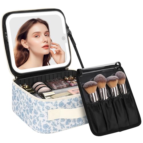 Small Floral Print Makeup Bag with LED Mirror - Travel Cosmetic Organizer for Women & Girls