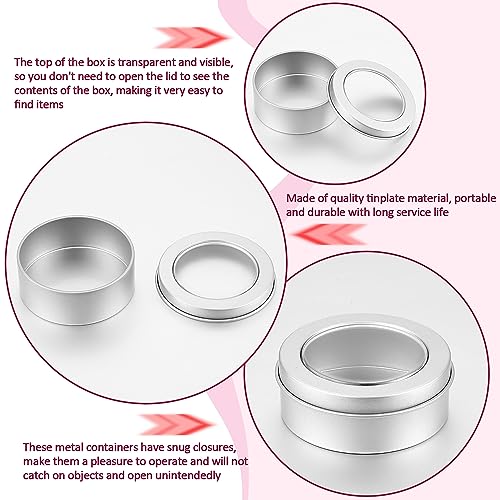 TecUnite 100 Pack 2 Ounce Metal Tin Cans Round Empty Container Salve Tins with Clear Lid for Kitchen, Office, Candles, Candies