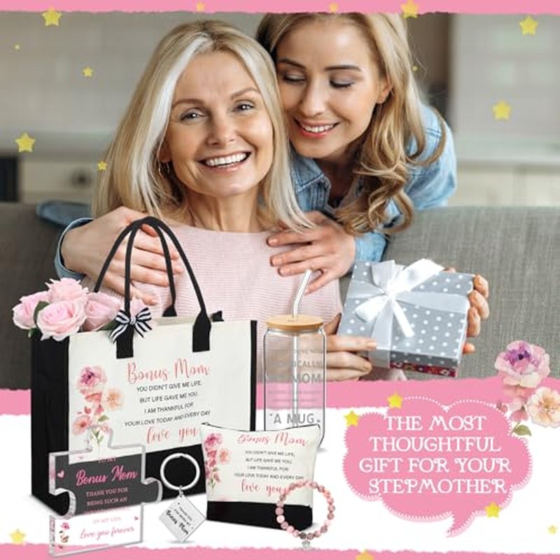 6 Pcs Bonus Mother Gifts Birthday Thank You Appreciation Gifts Set Include Tote Bag Makeup Bag Glass Cup Acrylic Medal Keychain and Bracelet Present for Bonus Mother Mom Mother's Day