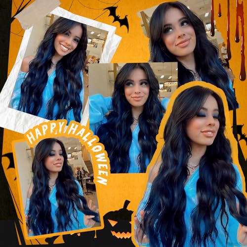 Long Wavy Black Wig with Blue Highlights - 26 Inch Synthetic Heat-Resistant Hairpiece for Daily & Party Use