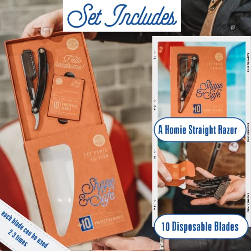 Homie Patented Straight Edge Razors for Men, Close Shaving Razor for Beard with 11 Disposable Blades, Easy to Use and Replace Single Edge Razor Blades with Protective Layer & Safety Lock -Barber Black