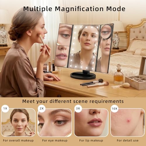 Black Lighted Makeup Mirror with Magnification Tri-Fold LED Vanity Mirror