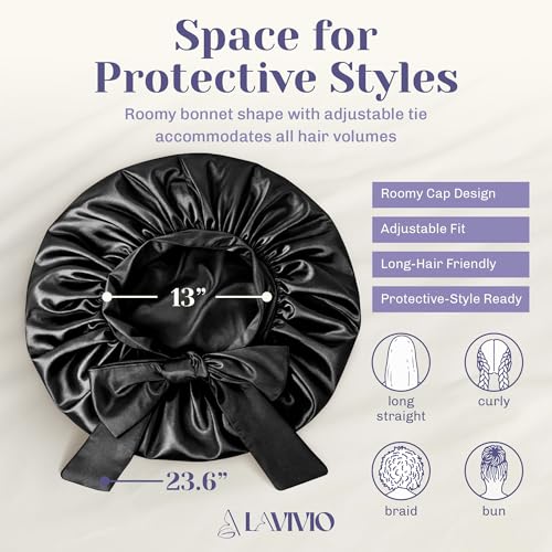 Black Mulberry Silk Bonnet for Hair - Double-Layered 22 Momme Sleep Cap with Adjustable Non-Slip Tie