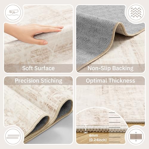 8x10 Washable Area Rug for Living Room - Neutral Beige Ivory, Non-Slip, Soft