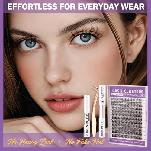 Fluffy Lash Extension Kit, 10?18mm Multi-Layer Individual Eyelash Clusters, Ultra-Soft Reusable Natural Look Wispy Set with Bond & Seal, Tweezers & Remover for Beginners