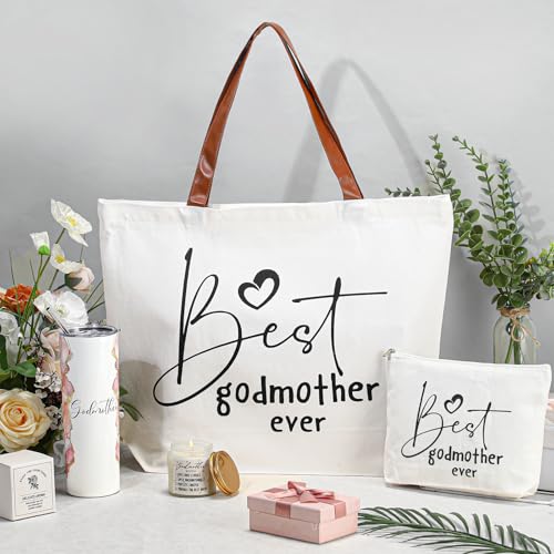Pink Godmother Proposal Gifts Set with Tumbler, Candle, Canvas Bags — 4 Pack