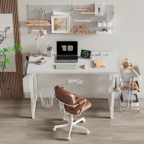 White Computer Desk with Power Outlet and USB Charging Station, 39.4 Inch Teen Study Table