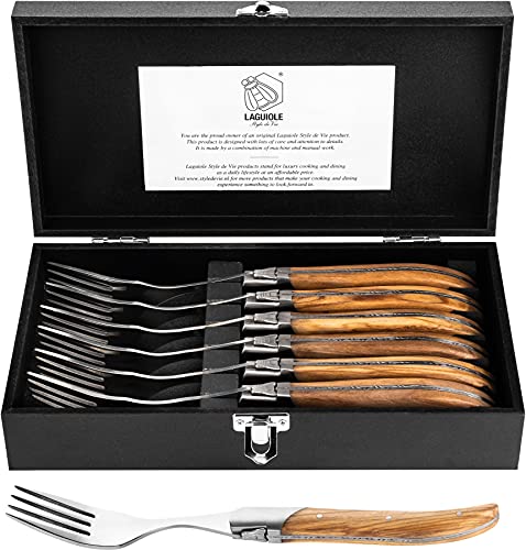 Laguiole Style de Vie Olive Wood Forks Set of 6 - Luxury Flatware, 22 cm with Gift Box
