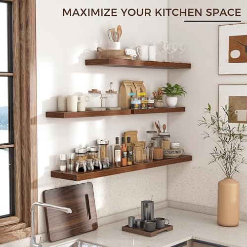 48-Inch Walnut Floating Wall Shelves Set - Modern Rustic Storage, 2-Pack