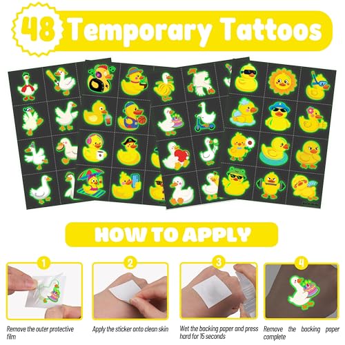 72 PCS Duck Party Favors ? 48 PCS Luminous Tattoos & 24 PCS LED Finger Lights Combo ? Birthday Goodie Bag Fillers, Party Supplies, Gifts Light Up Toys Glow In The Dark for Boys and Girls