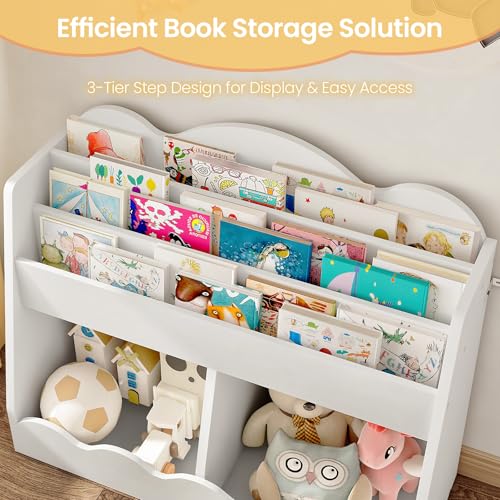 White Cloud Kids Bookshelf and Toy Storage - Toddler Bookcase with 2 Toy Bins, Children's Wooden Organizer
